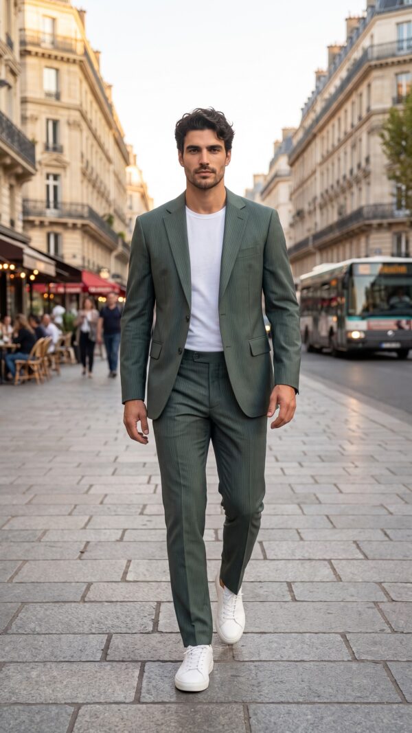 Green suit for men- pin striped tailored fit suit (9) - 5