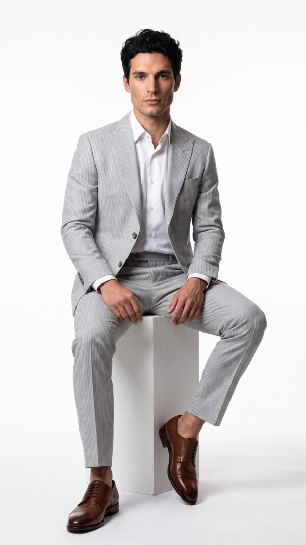 Light grey pin striped tailored fit men’s suit – Varrison (3) - 0