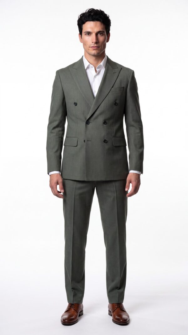 double breasted pin striped green suit for men (1) - 0