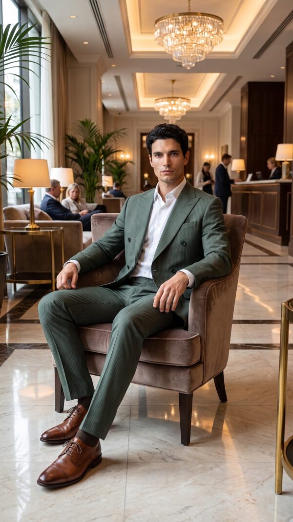 double breasted pin striped green suit for men (4) - 2