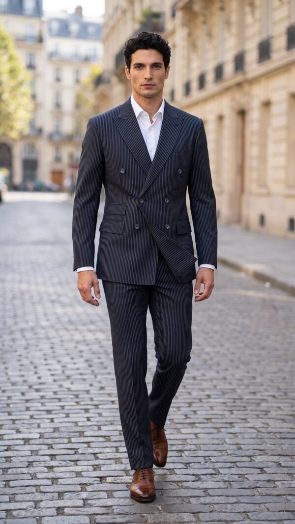 navy blue pin striped double breasted suit for men (1) - 0