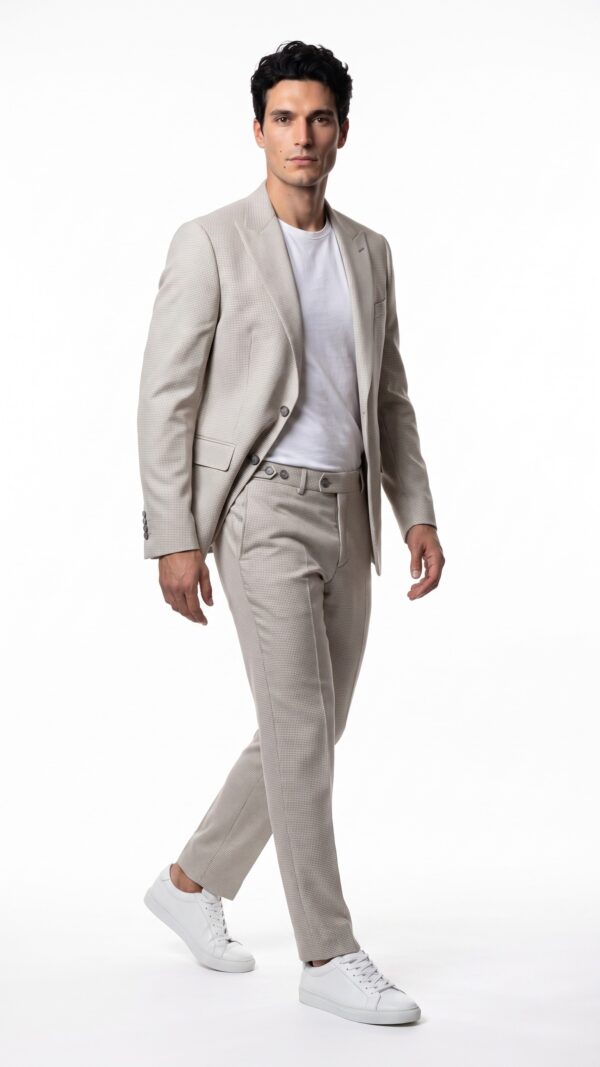 Cream peak lapel houndstooth pattern men suit by Varrison (5) - 2