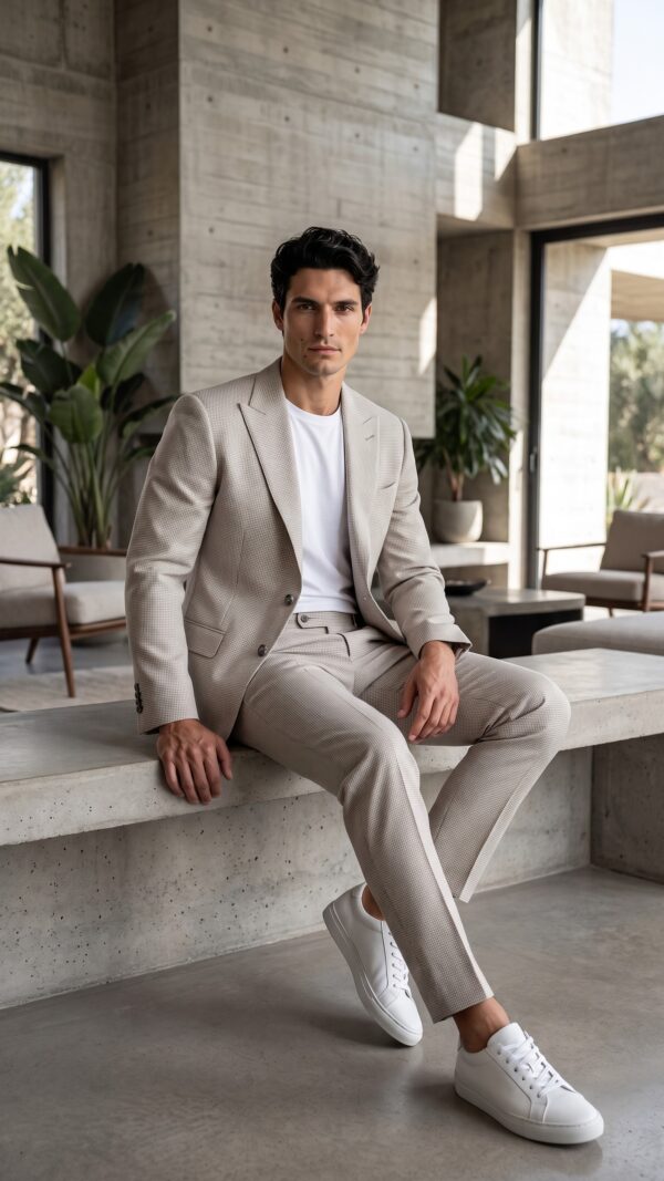 Cream peak lapel houndstooth pattern men suit by Varrison (7) - 0