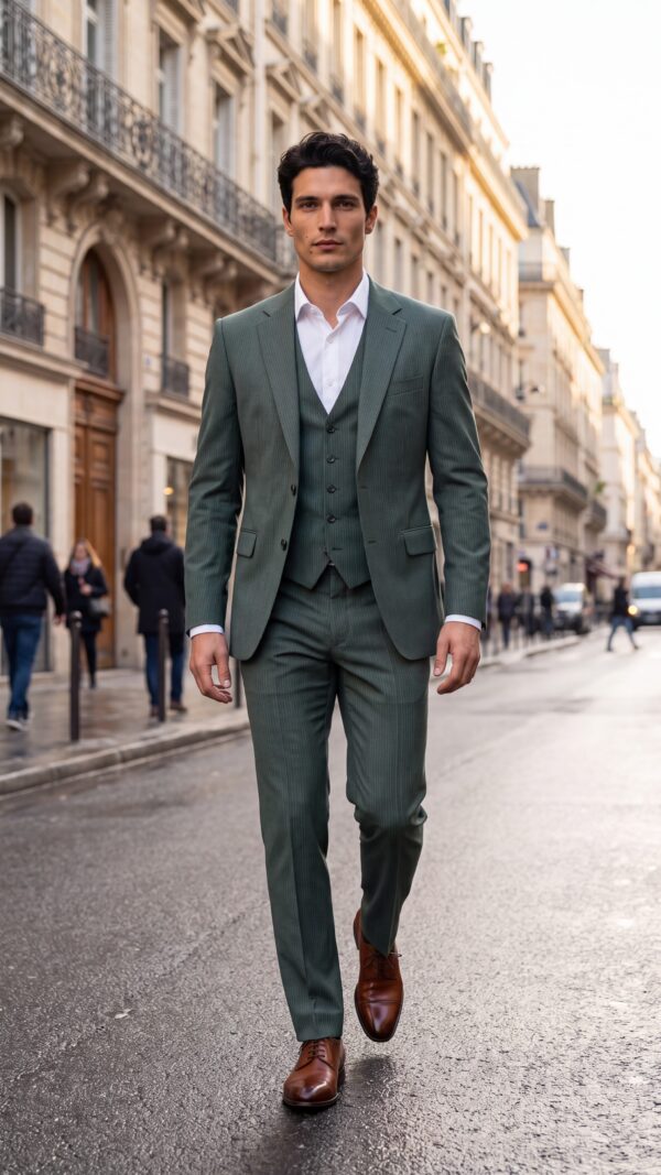 Mens green pinstripe suit (2) - 0