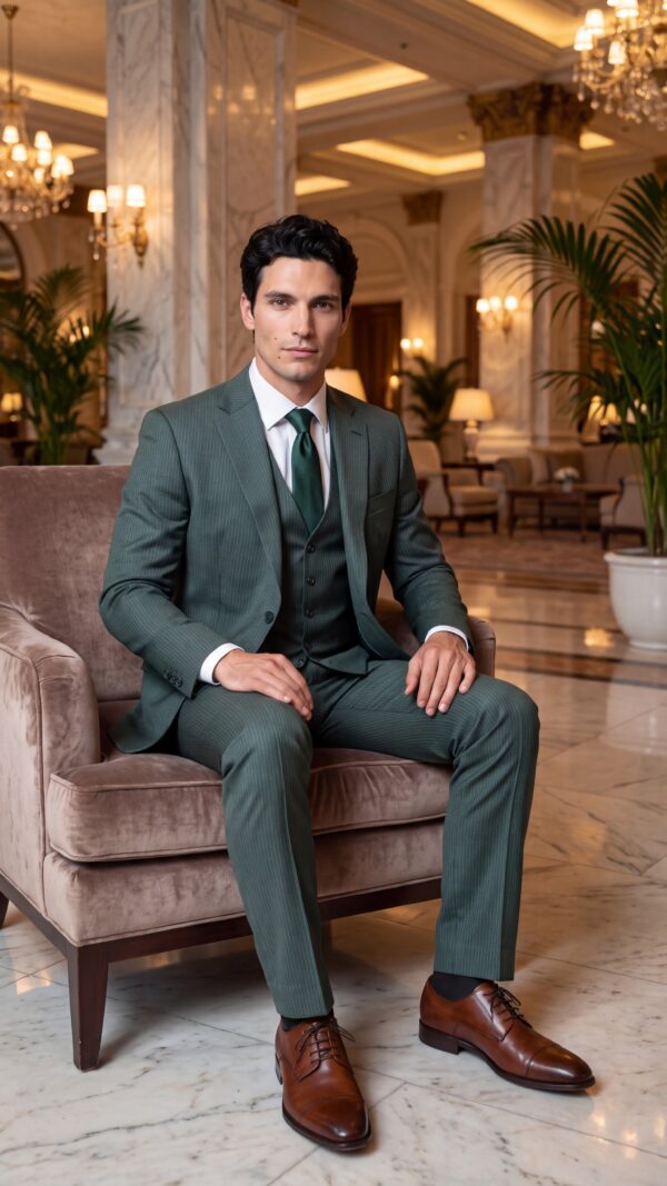 Mens green pinstripe suit (3) - 4