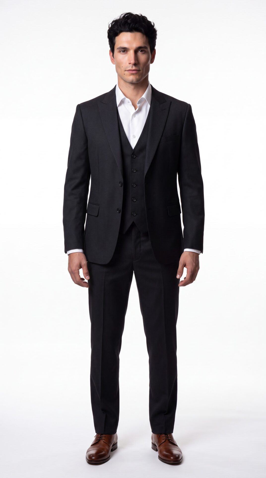 mens black pinstripe three piece suit (1) - 1