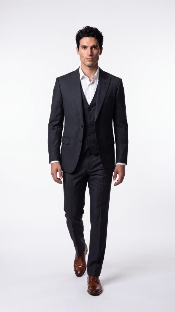 mens black pinstripe three piece suit (2) - 0