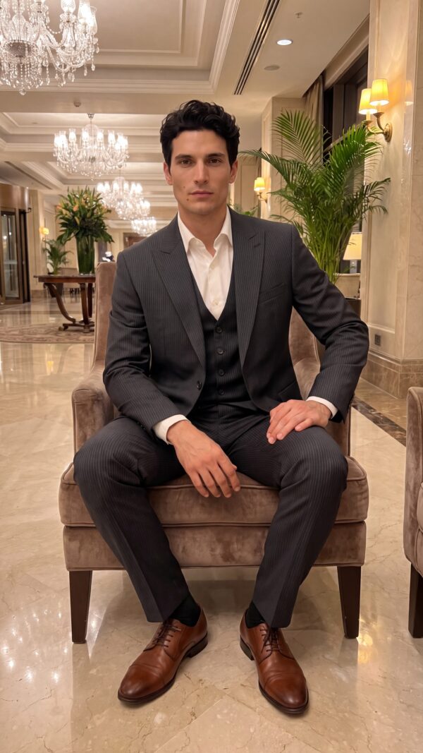 mens black pinstripe three piece suit (4) - 2