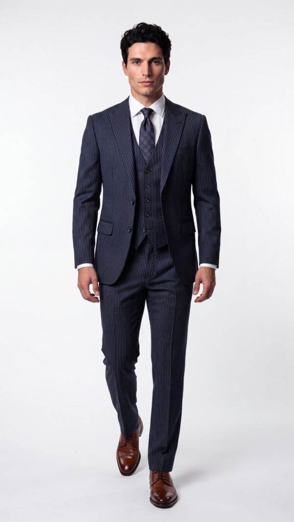navy blue pin striped 3 piece suit for men (3) - 0