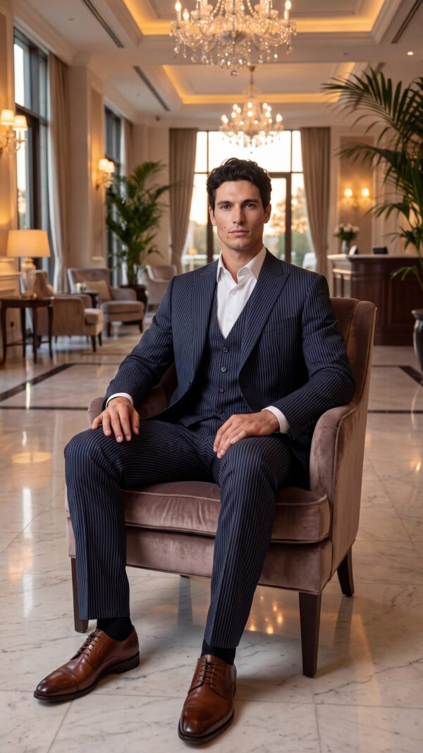 navy blue pin striped 3 piece suit for men (5) - 3